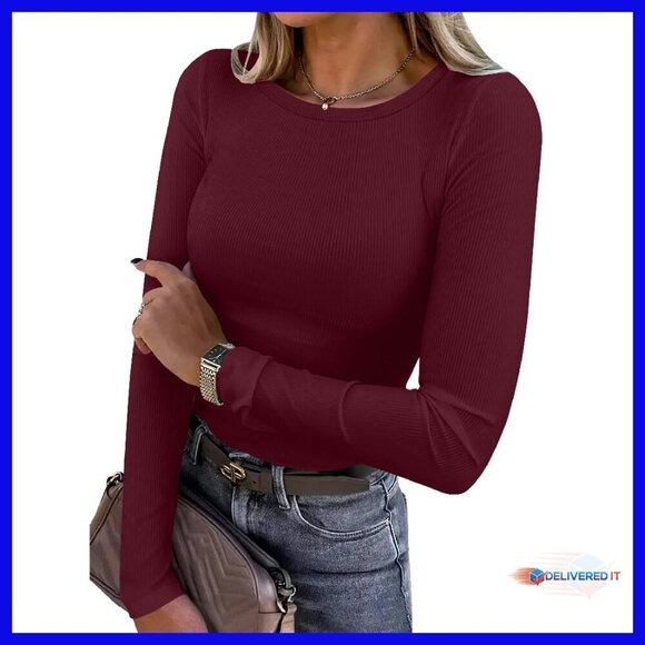 Tops - Slim Fit Long Sleeve Rib Knit Tee - Rayon Blend Basic Top